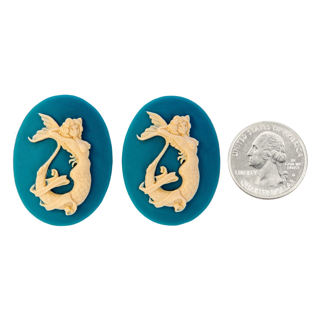Two Dark Turquoise and Cream Risque Mermaid Cameos 40mm x 30mm Cameos - CAM362